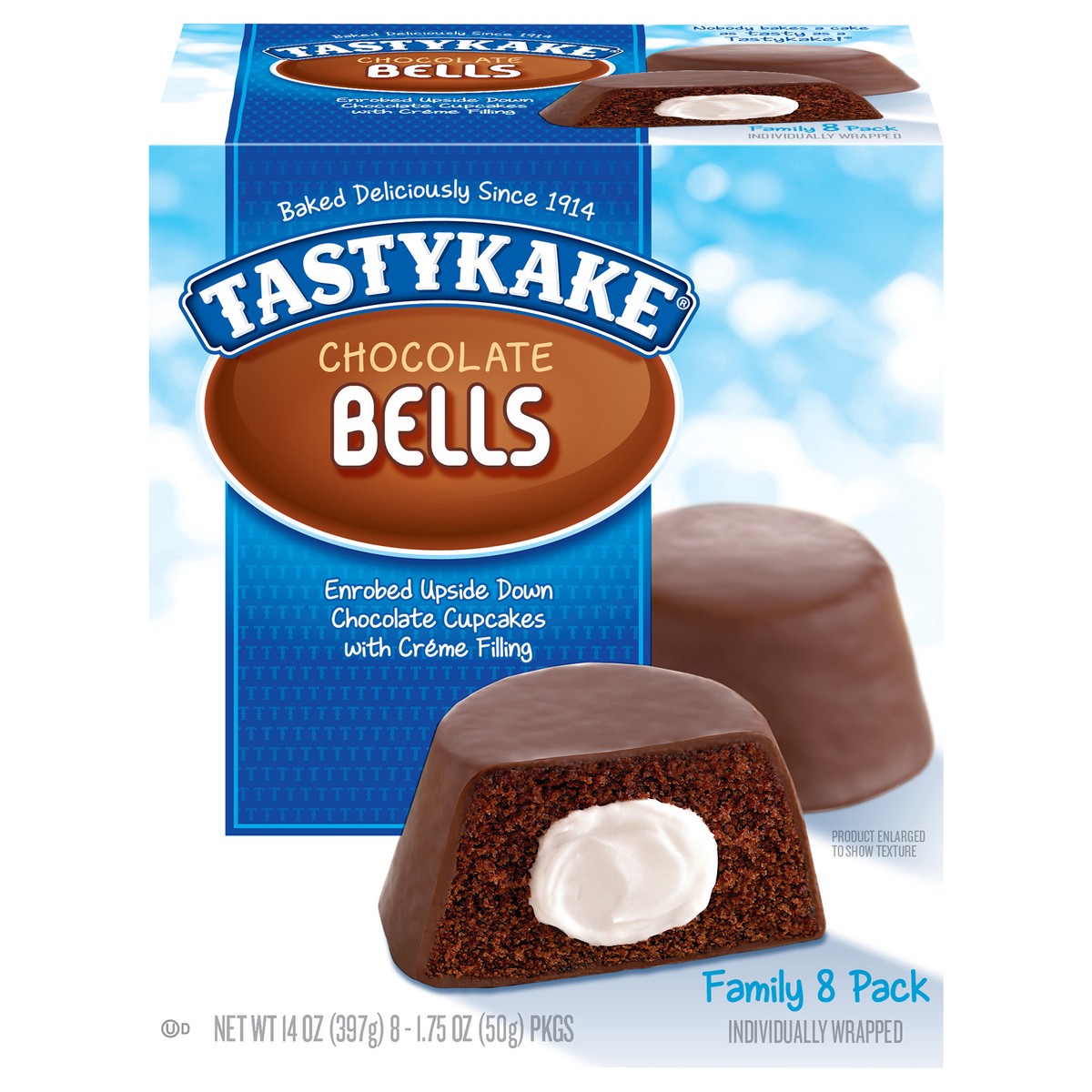 slide 1 of 17, Tastykake Creme Filled Chocolate Bells, 8 count, 8 Individually Wrapped Creme Filled Chocolate Cakes, 8 ct