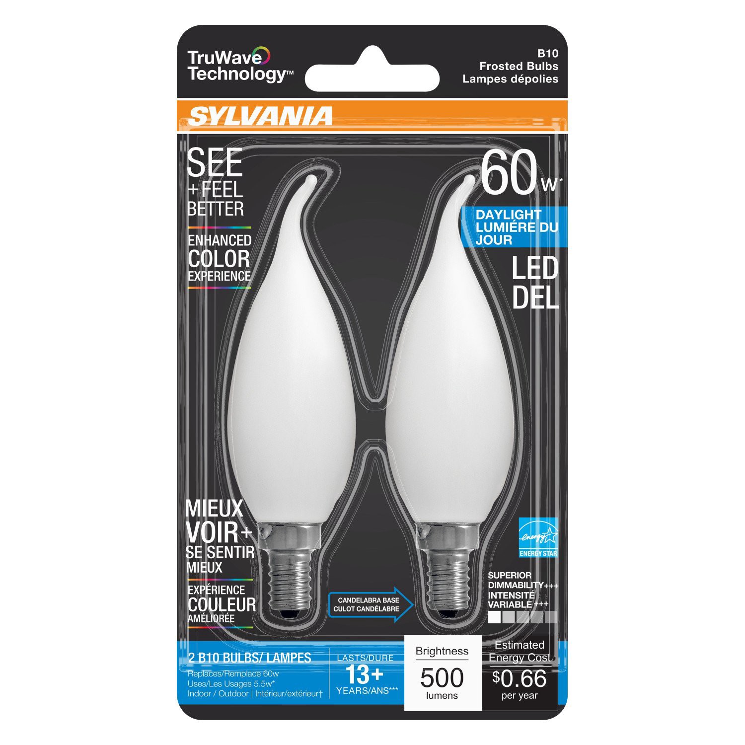 slide 1 of 1, Sylvania TruWave 60 Watt E12 Daylight Frosted LED Light Bulbs, 2 ct