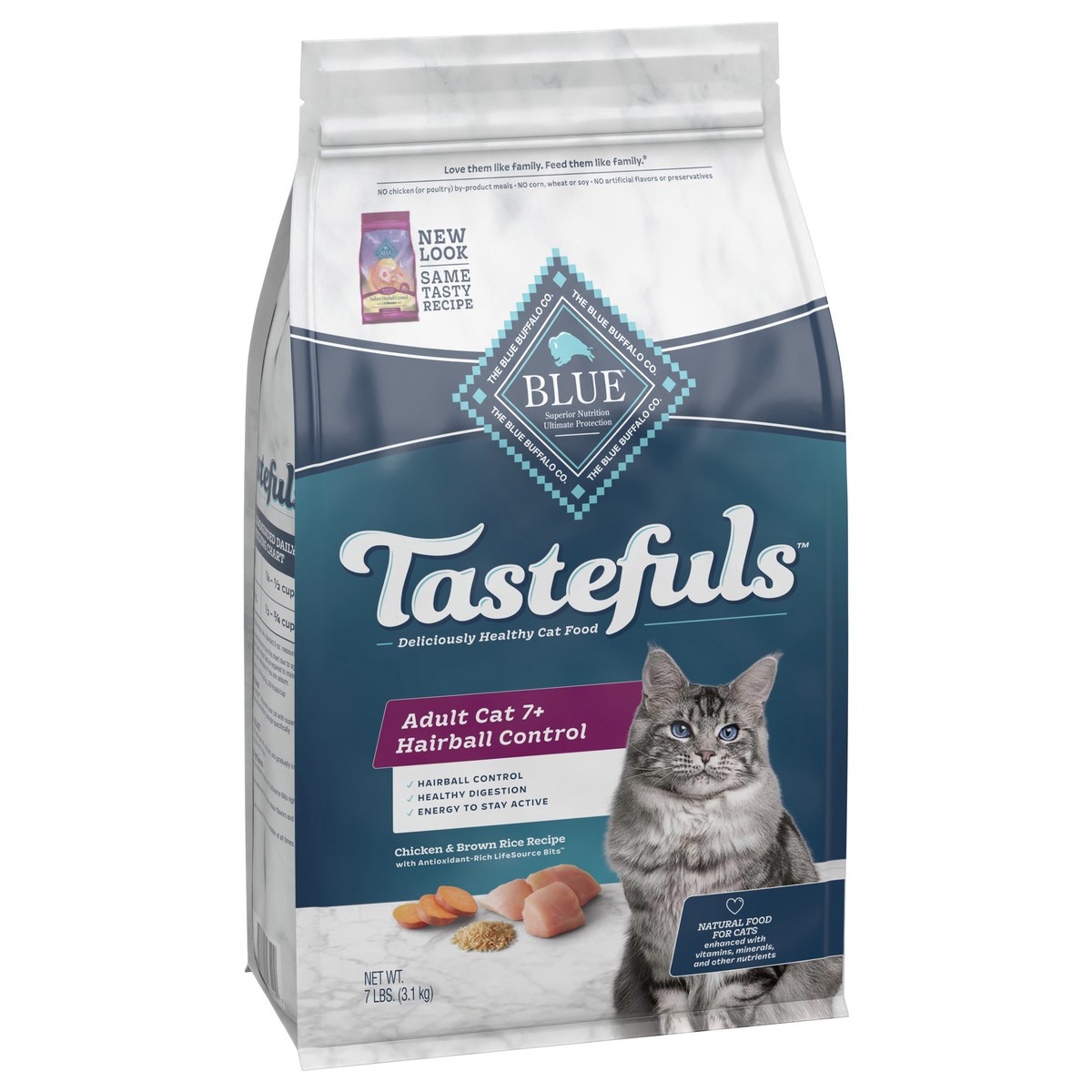 slide 2 of 7, Blue Buffalo Tastefuls Hairball Control Natural Adult 7+ Dry Cat Food, Chicken, 7lb bag, 7 lb