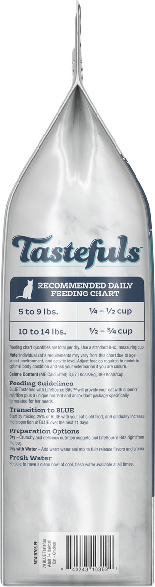 slide 4 of 7, Blue Buffalo Tastefuls Hairball Control Natural Adult 7+ Dry Cat Food, Chicken, 7lb bag, 7 lb