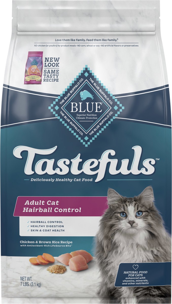 slide 5 of 7, Blue Buffalo Tastefuls Hairball Control Natural Adult 7+ Dry Cat Food, Chicken, 7lb bag, 7 lb
