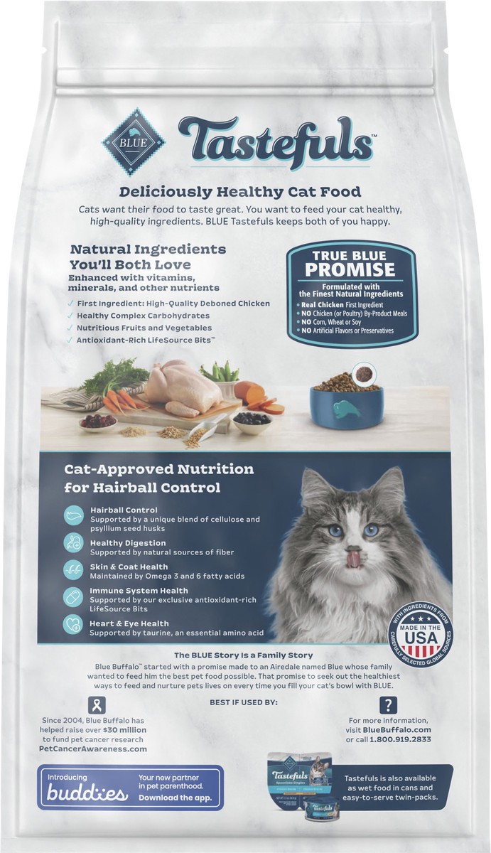 slide 7 of 7, Blue Buffalo Tastefuls Hairball Control Natural Adult 7+ Dry Cat Food, Chicken, 7lb bag, 7 lb