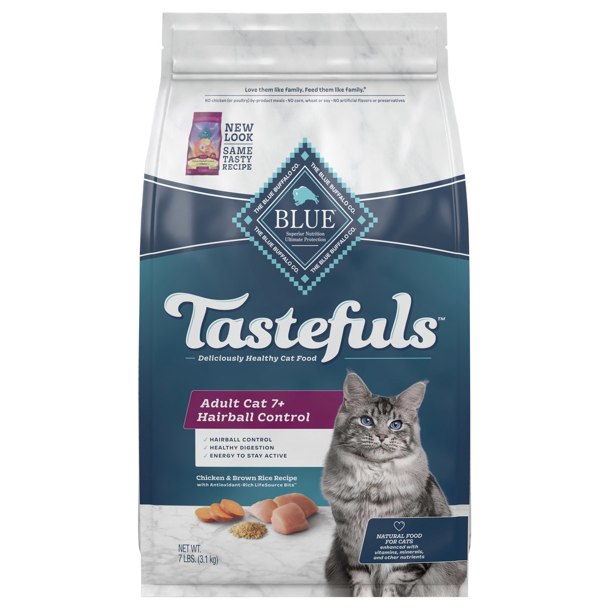 slide 6 of 7, Blue Buffalo Tastefuls Hairball Control Natural Adult 7+ Dry Cat Food, Chicken, 7lb bag, 7 lb