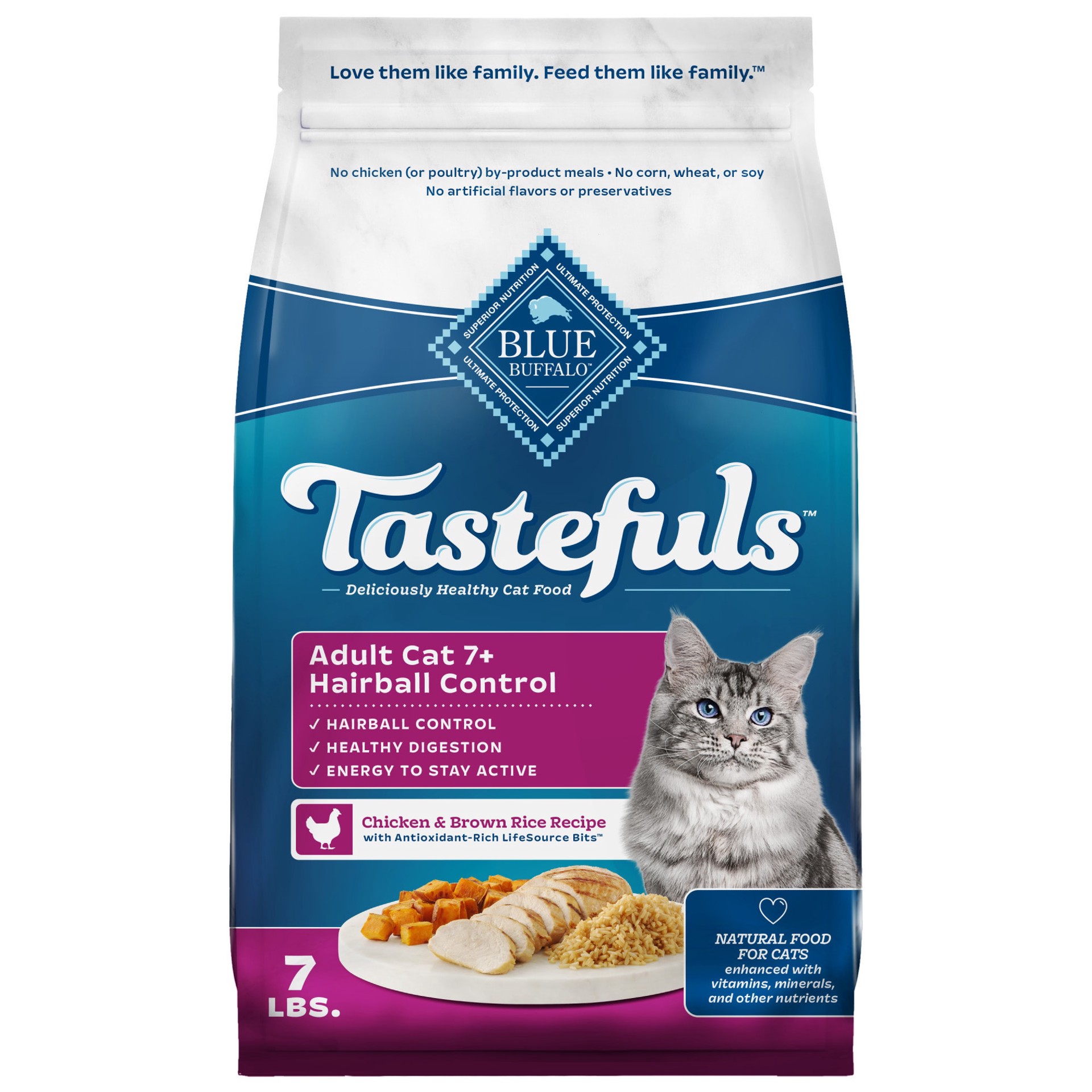 slide 1 of 7, Blue Buffalo Tastefuls Hairball Control Natural Adult 7+ Dry Cat Food, Chicken, 7lb bag, 7 lb