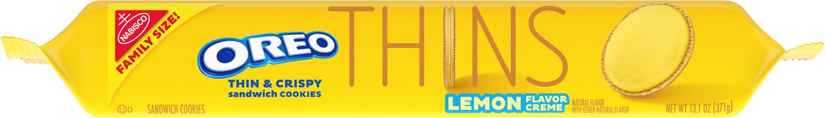 slide 3 of 9, OREO Thins Lemon Flavor Creme Golden Sandwich Cookies Family Size - 13.1oz, 13.1 oz