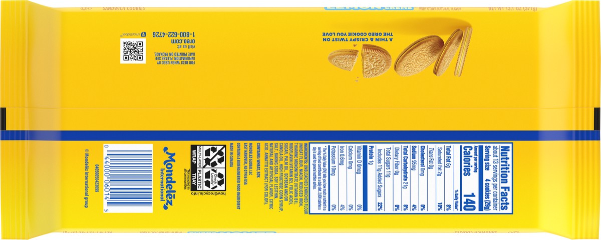 slide 4 of 9, OREO Thins Lemon Flavor Creme Golden Sandwich Cookies Family Size - 13.1oz, 13.1 oz