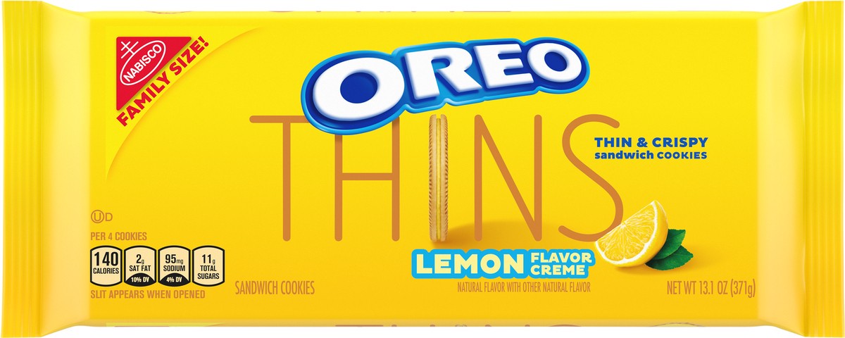 slide 5 of 9, OREO Thins Lemon Flavor Creme Golden Sandwich Cookies Family Size - 13.1oz, 13.1 oz