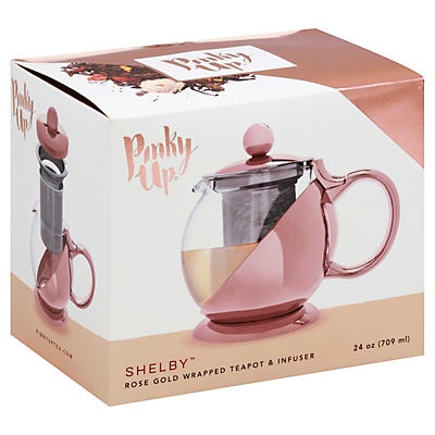 slide 1 of 1, Pinky Up Rose Gold Wrapped Teapot, Clear Glass, Stainless Steel, Loose Leaf Infuser Strainer, 24 Oz, 1 cnt