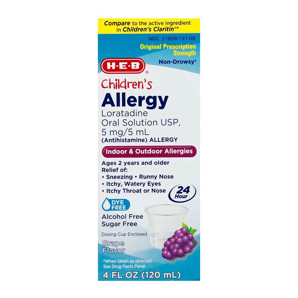 slide 1 of 1, H-E-B Children's Loratadine Allergy Relief Liquid - Grape Flavor, 4 oz