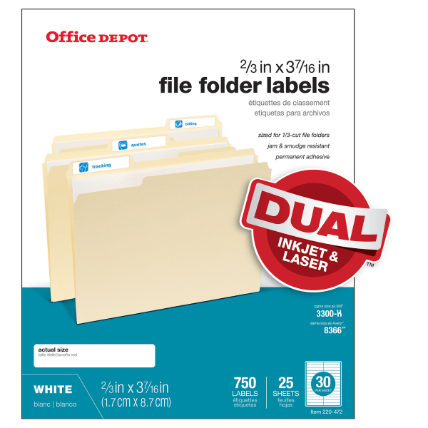 slide 1 of 1, Office Depot Brand White Permanent Inkjet/Laser File Folder Labels, 505-O004-0011, 2/3'' X 3 7/16'', White, Pack Of 750, 750 ct