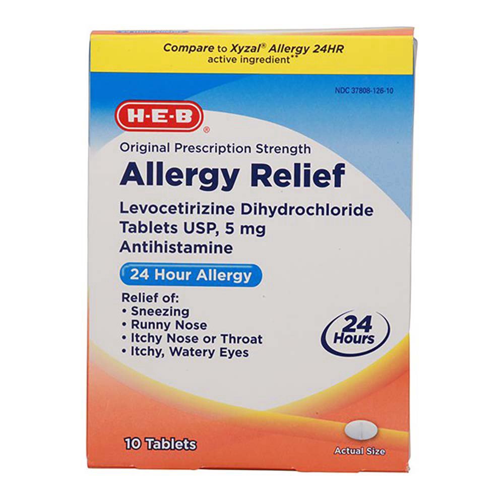 slide 1 of 1, H-E-B Allergy Relief Levocetirizine Dihydrochloride 24 Hour Tablets - 5 mg, 10 ct