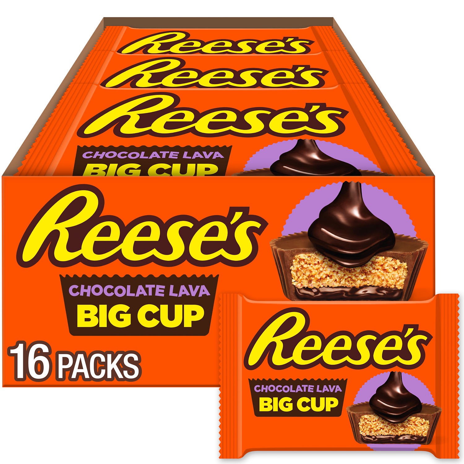 slide 5 of 9, Reese's Big Cup Chocolate Lava Milk Chocolate Peanut Butter Cups, Candy Packs, 1.4 oz (16 Count), 1.4 oz
