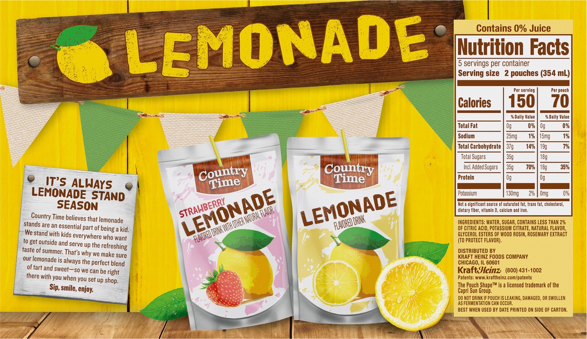 slide 7 of 9, Country Time Lemonade Ready to Drink Flavored Drink Pouches, 10 ct Box, 6 fl oz Pouches, 60 fl oz