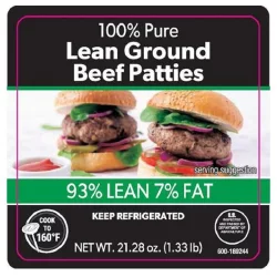 100% Pure 93% Lean 7% Fat Ground Beef Patties