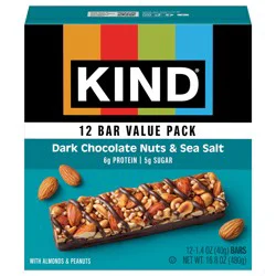 KIND Healthy Snack Bar Value Pack, Dark Chocolate Nuts & Sea Salt, 5g Sugar | 6g Protein, Gluten Free Bars, 1.4 OZ, 12 Count