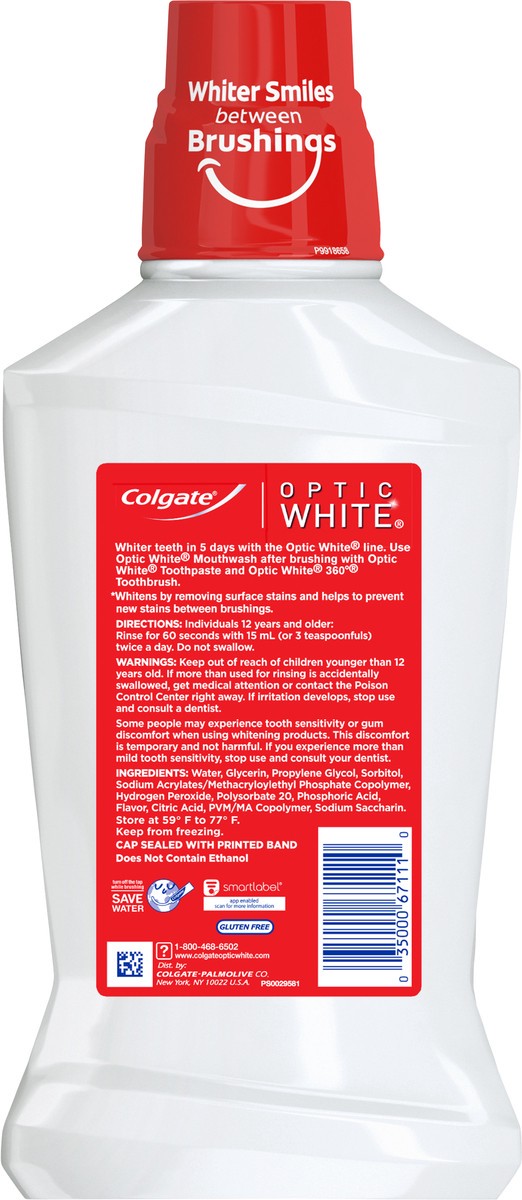 slide 3 of 8, Colgate Optic White Whitening Mouthwash, 2% Hydrogen Peroxide, Fresh Mint - 473 mL, 16 fl.oz. (6 Pack), 16.9 oz