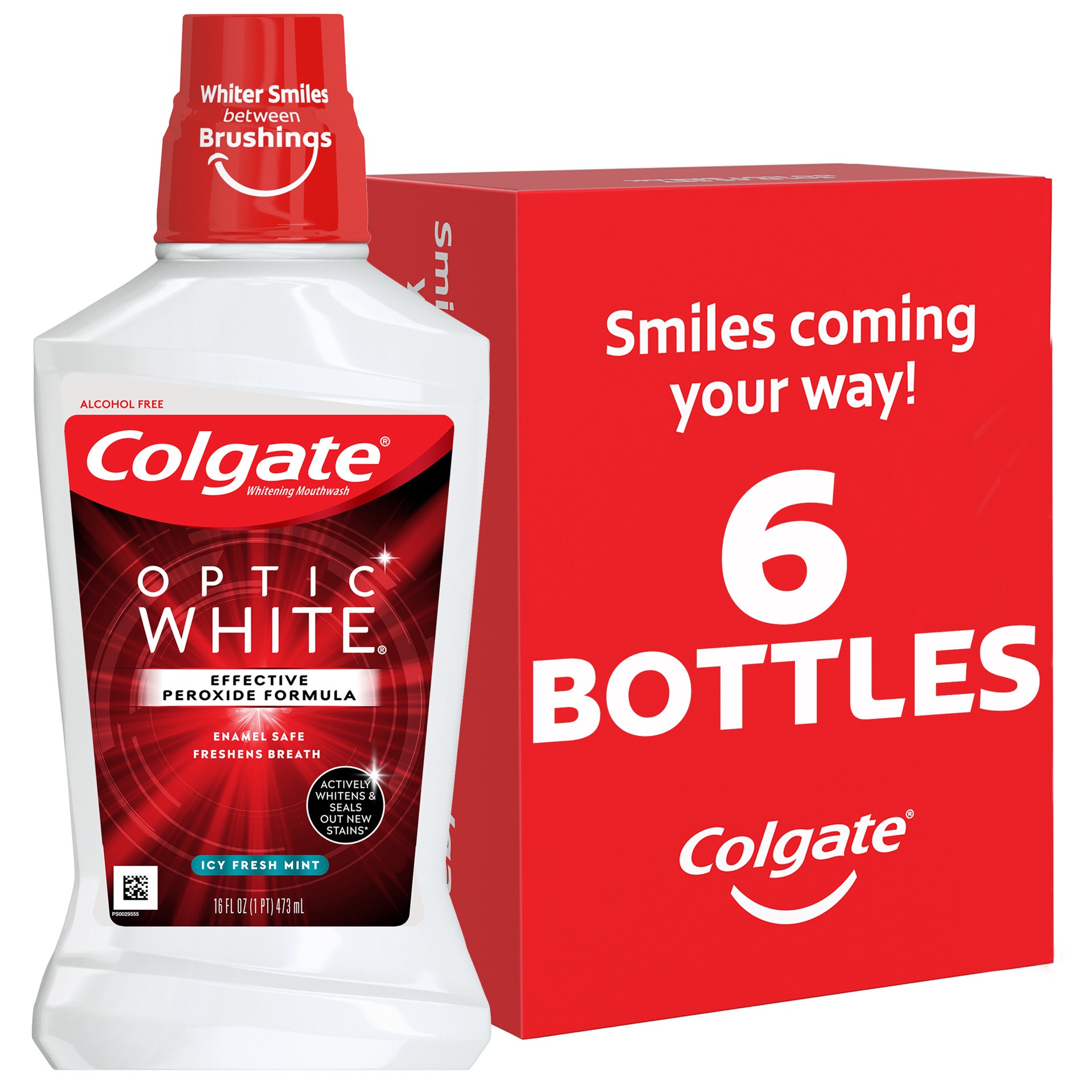 slide 1 of 8, Colgate Optic White Whitening Mouthwash, 2% Hydrogen Peroxide, Fresh Mint - 473 mL, 16 fl.oz. (6 Pack), 16.9 oz