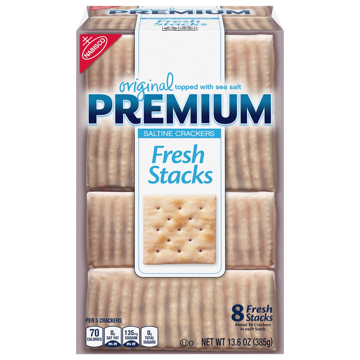 slide 1 of 9, Premium Fresh Stacks Original Saltine Crackers, Travel Snacks, 13.6 oz (8 Multi Snack Packs), 8 ct
