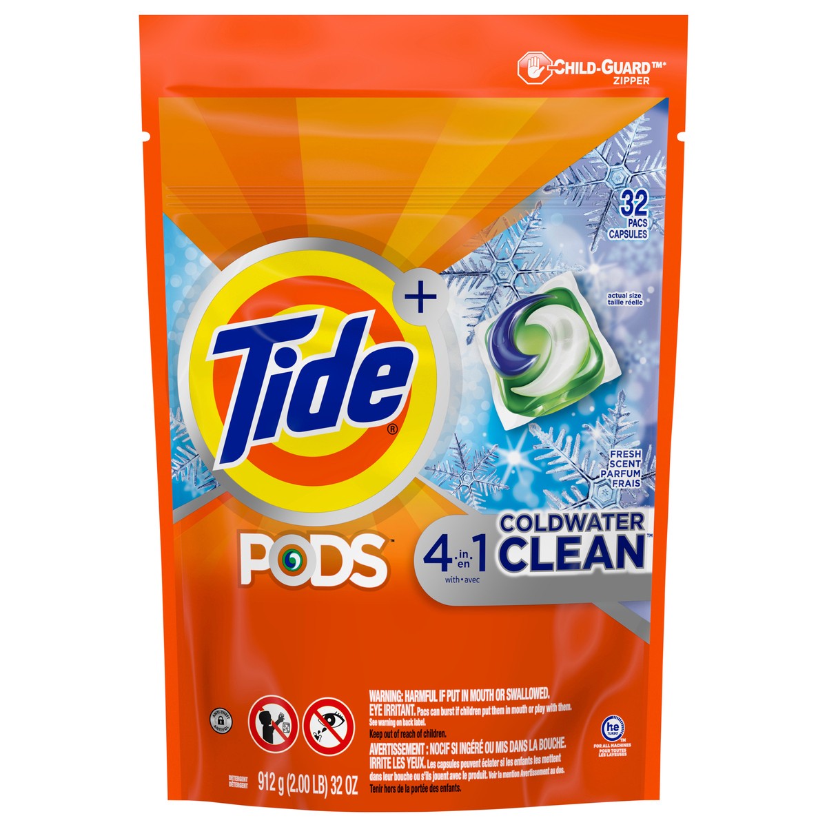 slide 3 of 8, Tide PODS Liquid Laundry Detergent Soap Pacs, HE Compatible, 32 Count, 4-in1 Coldwater Clean, Fresh Scent, 32 ct