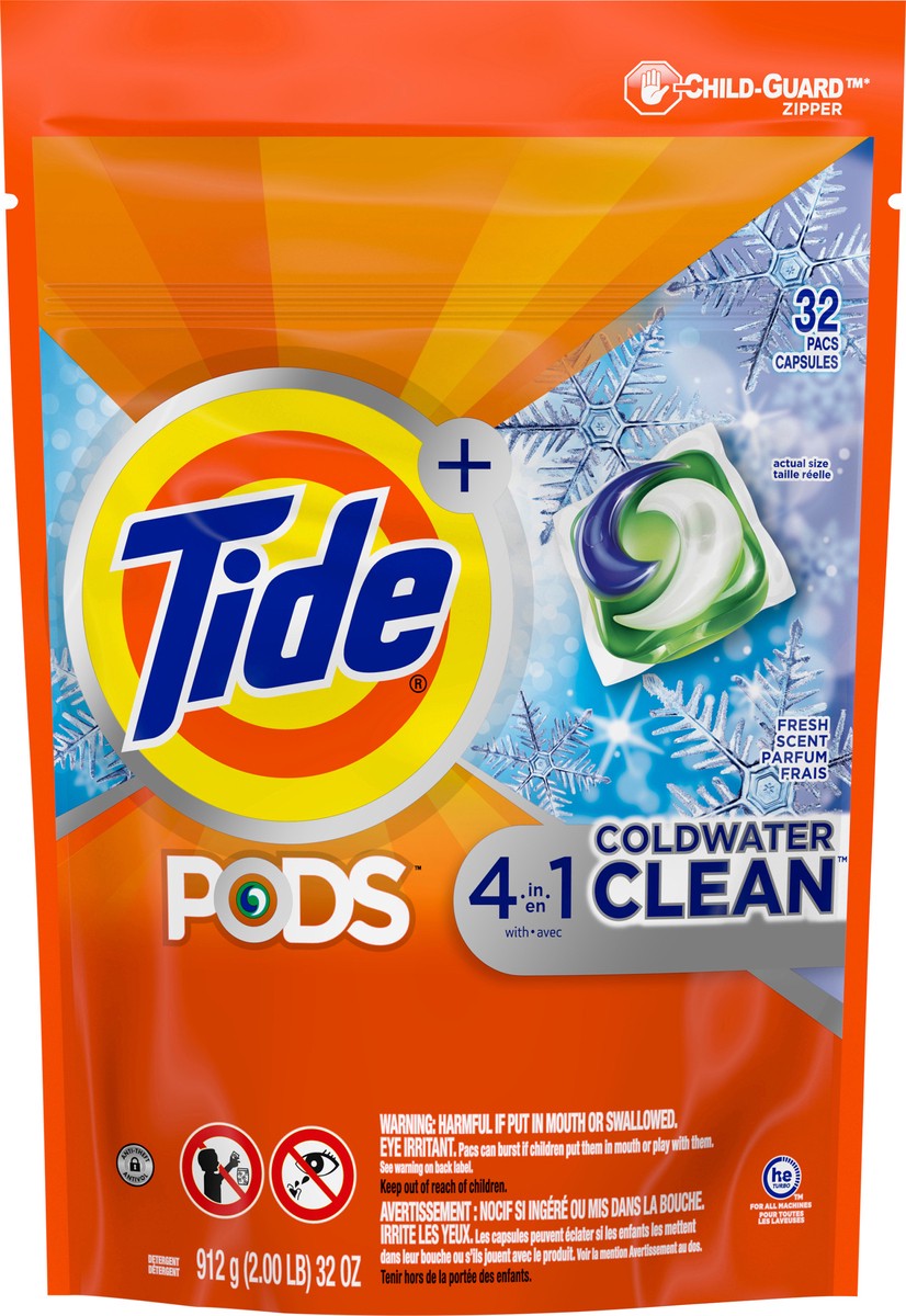 slide 2 of 8, Tide PODS Liquid Laundry Detergent Soap Pacs, HE Compatible, 32 Count, 4-in1 Coldwater Clean, Fresh Scent, 32 ct