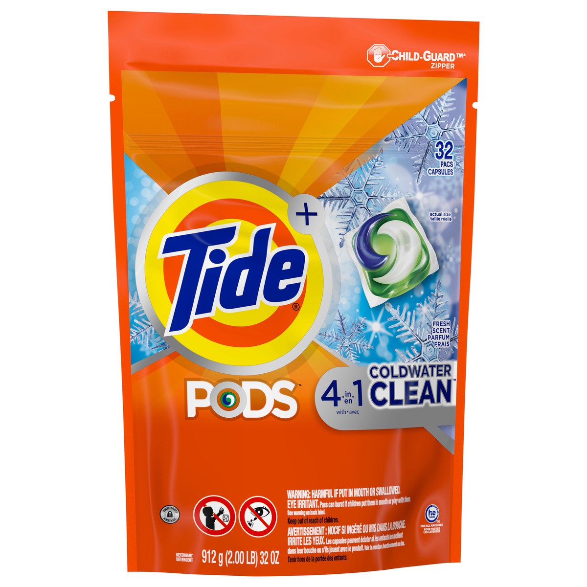 slide 6 of 8, Tide PODS Liquid Laundry Detergent Soap Pacs, HE Compatible, 32 Count, 4-in1 Coldwater Clean, Fresh Scent, 32 ct