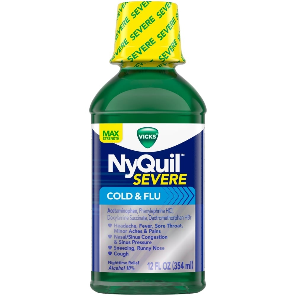 slide 1 of 3, NyQuil Vicks Nyquil Severe Cold Flu Nighttime Relief Liquid, 12 fl oz