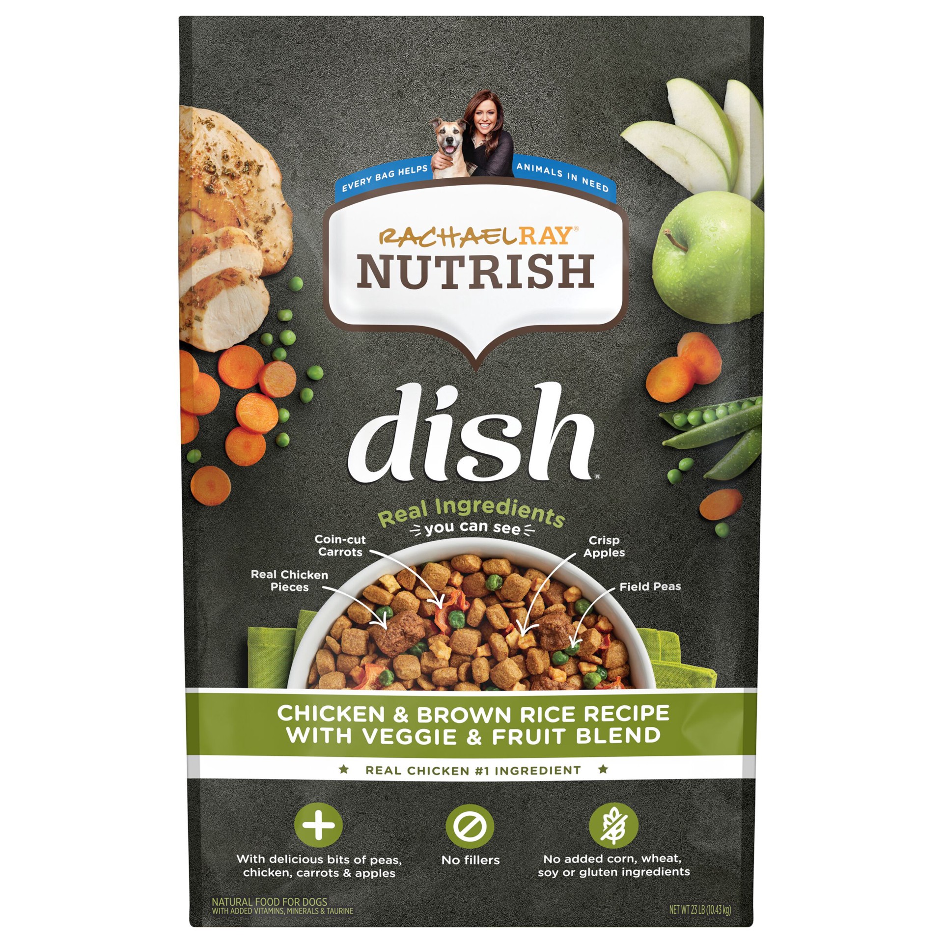 slide 1 of 9, Rachael Ray Nutrish Dish Chicken & Brown Rice Recipe With Veggie & Fruit Blend Dry Dog Food, 23 lb. Bag, 23 lb