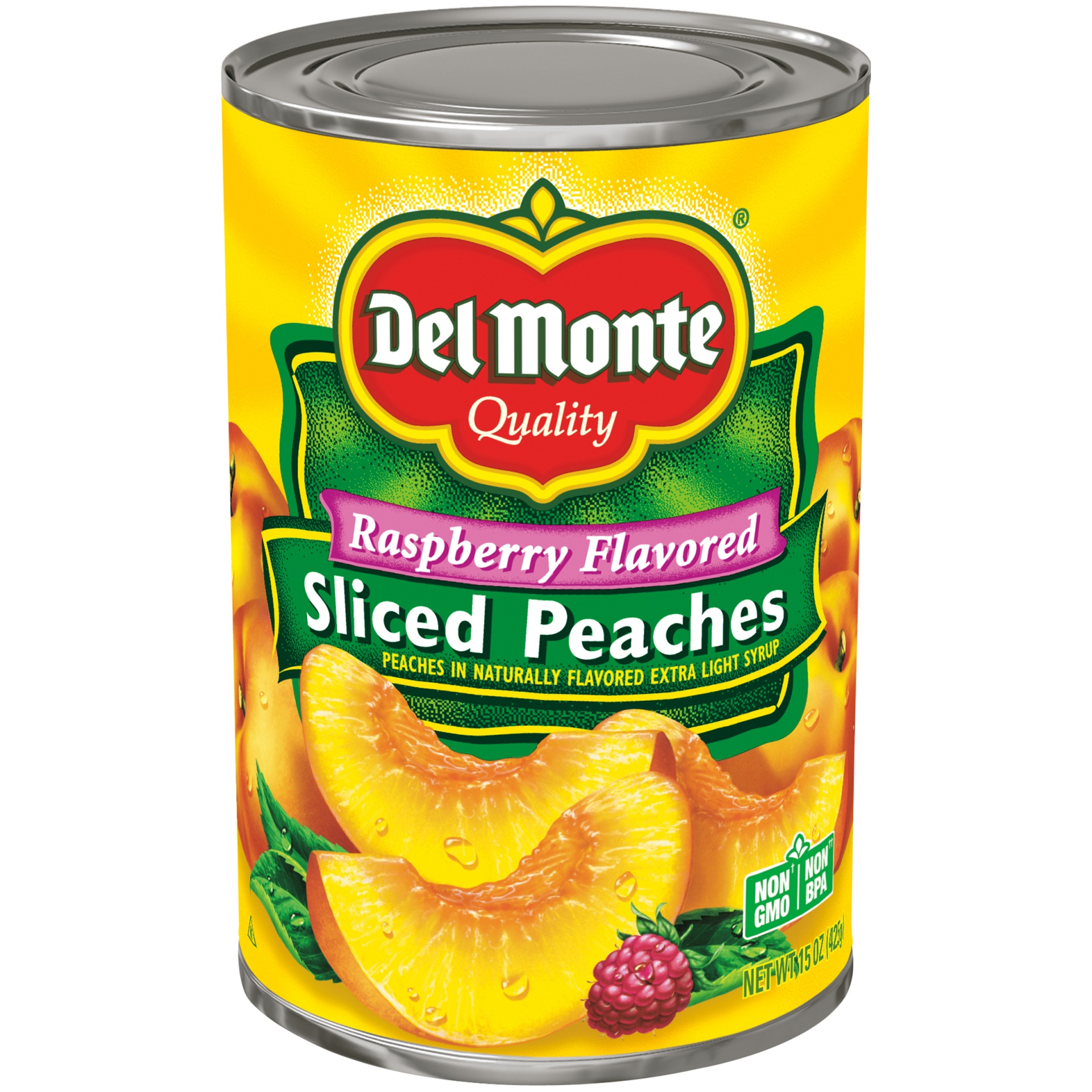 slide 1 of 3, Del Monte Raspberry Flavored Sliced Yellow Cling Peaches In Light Syrup, 15 oz