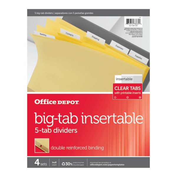 slide 1 of 2, Office Depot Insertable Dividers with Big Tabs, Buff, Clear Tabs, 5-Tab, 4 ct