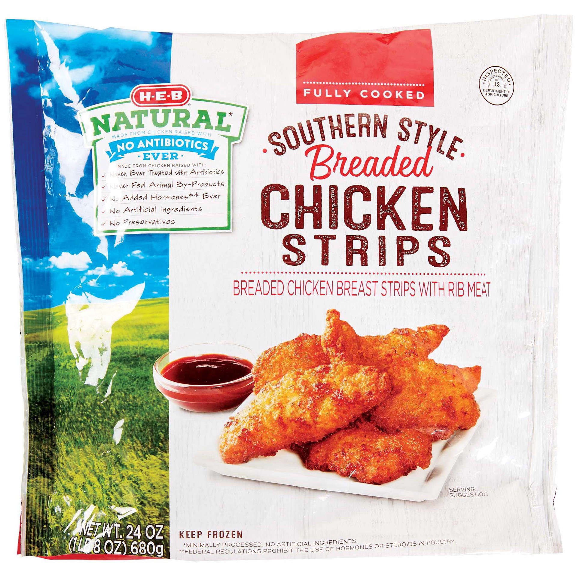 slide 1 of 1, H-E-B Natural Fully Cooked Frozen Southern Style Breaded Chicken Strips, 24 oz