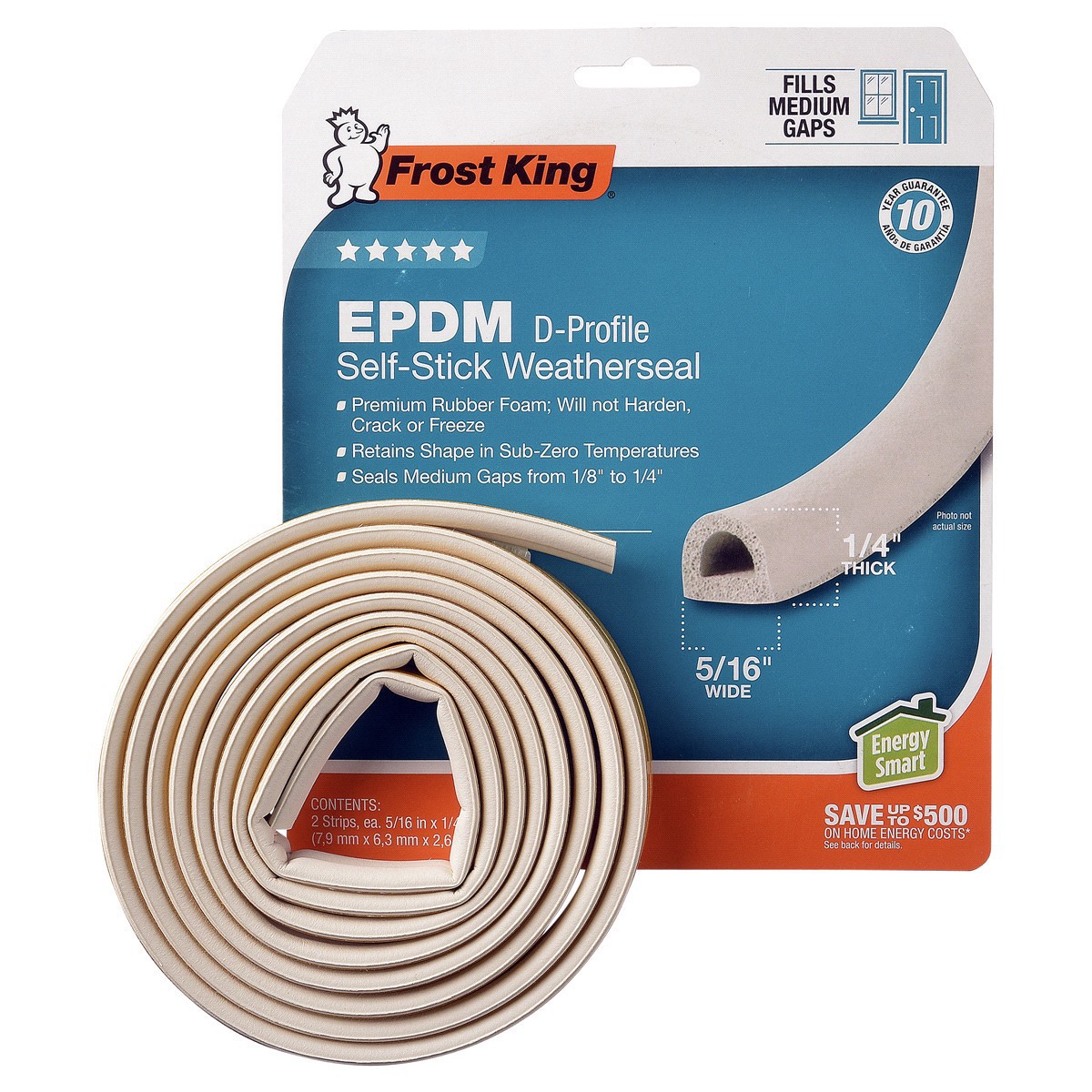 slide 5 of 5, Frost King EPDM Weatherstrip Tape, 3/8" x 1/4" x 17', D-Section/White, 3/8 x 17 ft