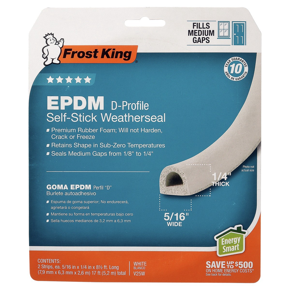 slide 1 of 5, Frost King EPDM Weatherstrip Tape, 3/8" x 1/4" x 17', D-Section/White, 3/8 x 17 ft