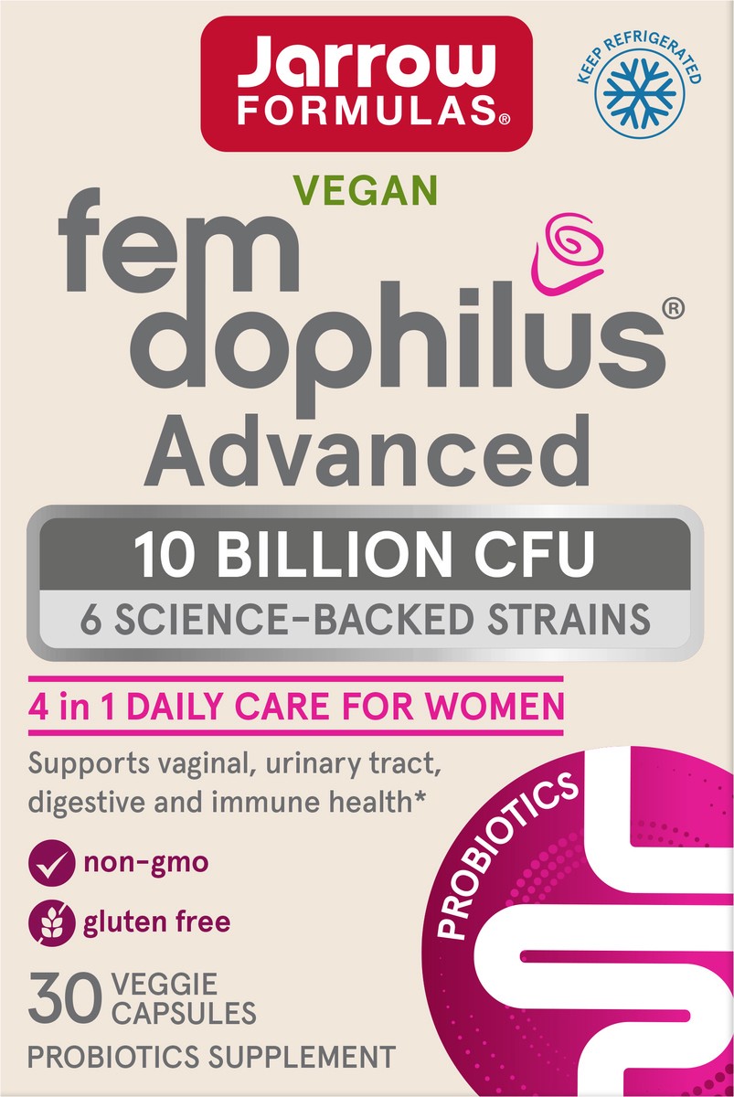 slide 3 of 5, Jarrow Formulas Fem-Dophilus Advanced - Women's Probiotic Supplement - 10 Billion CFU - Supports Vaginal, Urinary Tract & Digestive Health - 2 Clinically Studied Strains - Non-GMO - Gluten Free, 30 ct