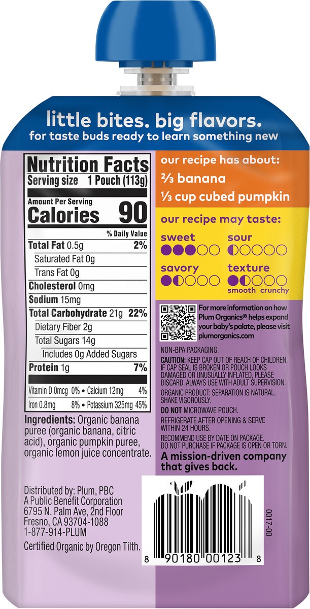 slide 8 of 9, Plum Organics Stage 2 Organic Baby Food Banana + Pumpkin 4oz Pouch, 4 oz