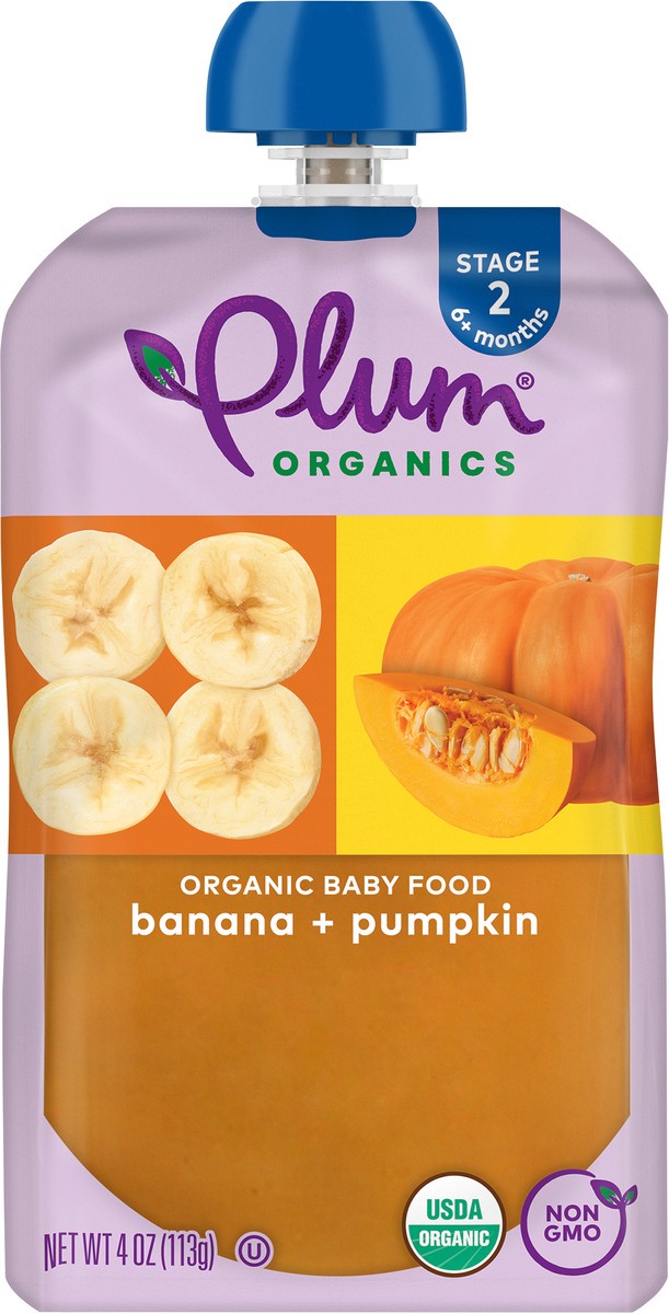 slide 7 of 9, Plum Organics Stage 2 Organic Baby Food Banana + Pumpkin 4oz Pouch, 4 oz