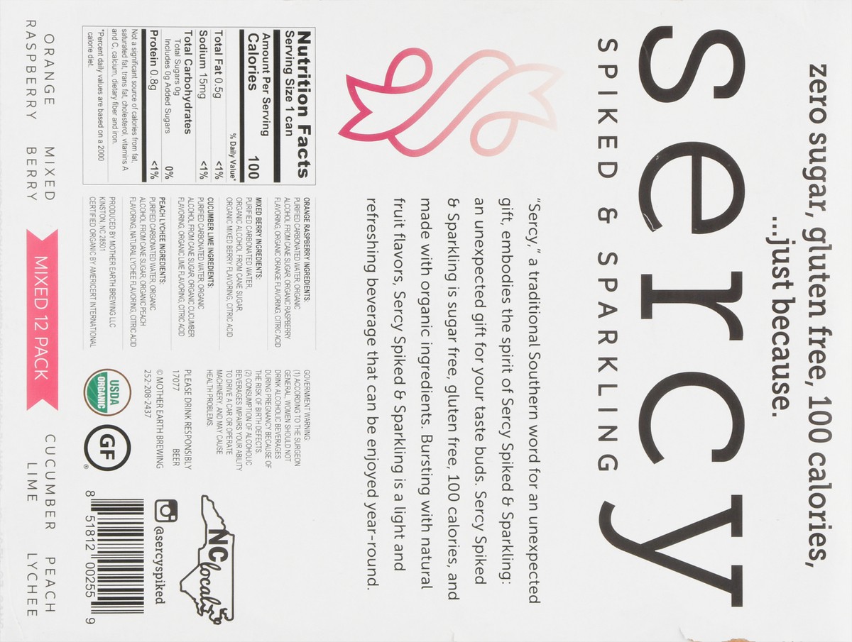 slide 12 of 13, Sercy Spiked & Sparkling Orange Raspberry, Mixed Berry, Cucumber Lime, Peach Lychee Beer 12 - 12 fl oz, 12 ct