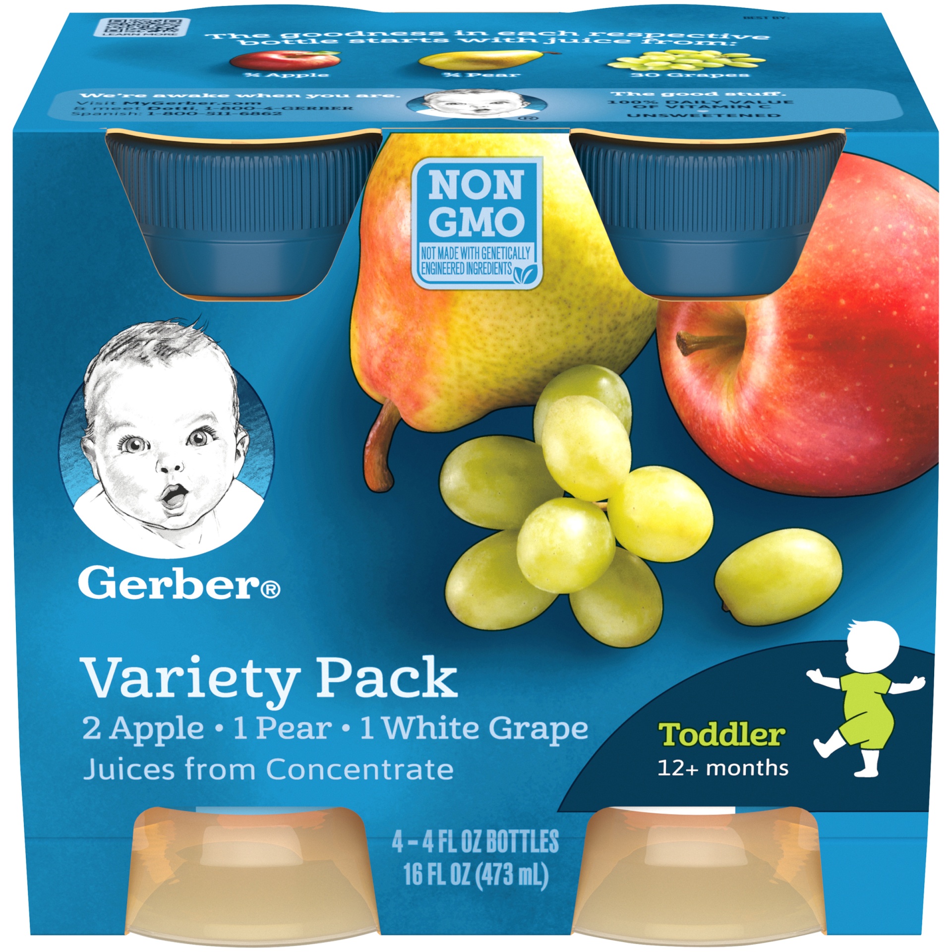 slide 1 of 9, Gerber Toddler (12+ Months) Apple/Pear/White Grape Juices from Concentrate Variety Pack 4 - 4 fl oz Bottles, 4 ct; 4 fl oz