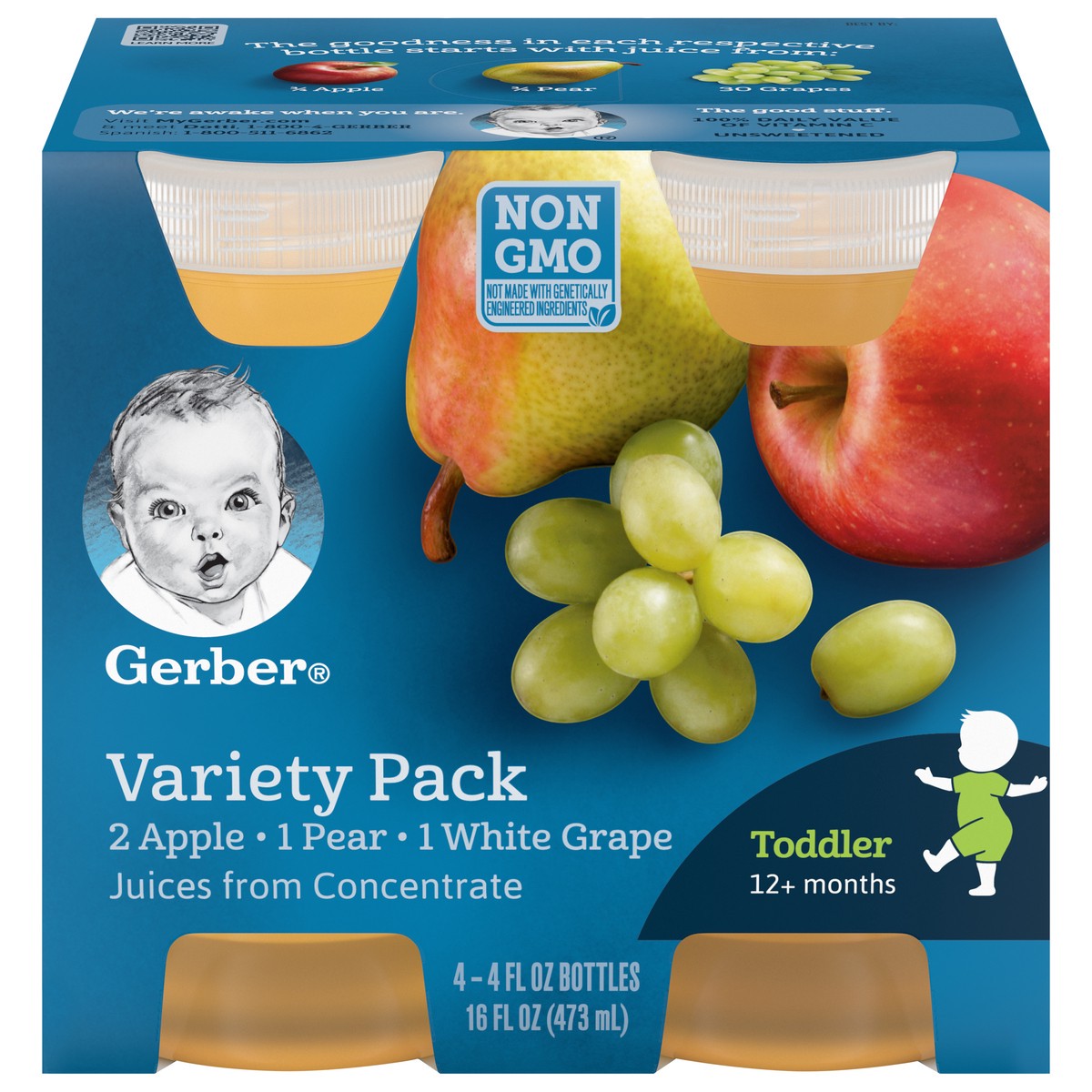 slide 1 of 5, Gerber Toddler (12+ Months) Apple/Pear/White Grape Juices from Concentrate Variety Pack 4 - 4 fl oz Bottles, 16 fl oz