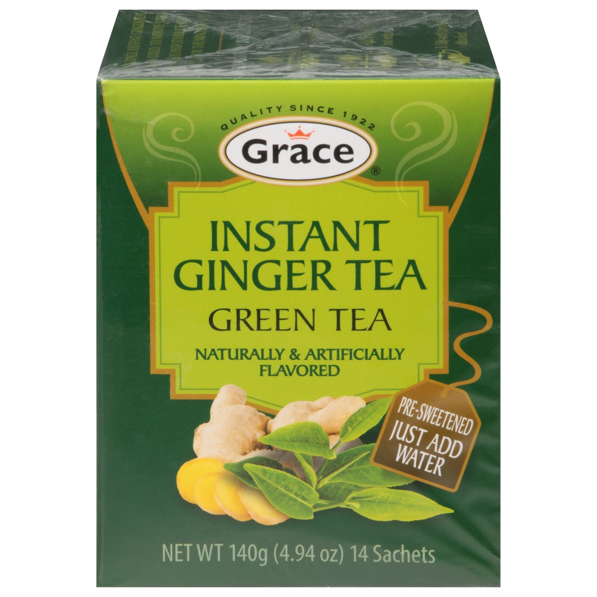 slide 1 of 1, Grace Instant Green Tea Ginger Tea 14 ea, 140 gram / 14 sachets