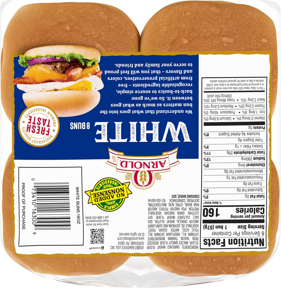 slide 5 of 7, Arnold White Buns, 8 count, 16 oz, 8 ct