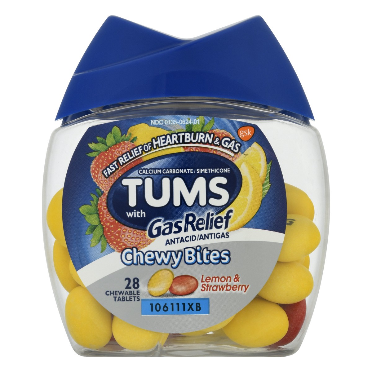 slide 1 of 9, Tums Chewable Tablets Lemon & Strawberry Gas Relief 28.0 ea, 28 ct