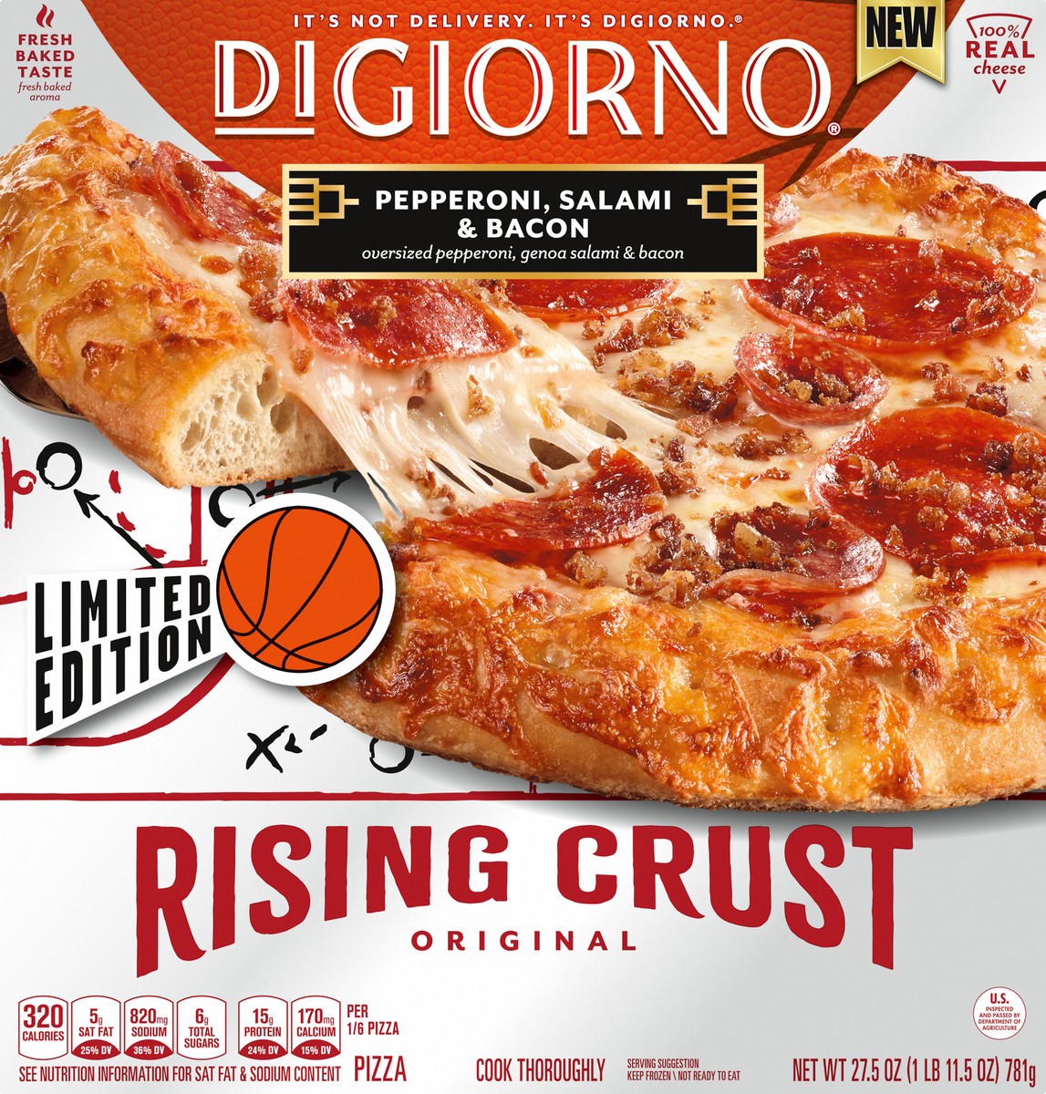 slide 9 of 10, Digiorno Limited Game Day Edition Rising Crust Bacon Blitz Pizza, 27.5 oz