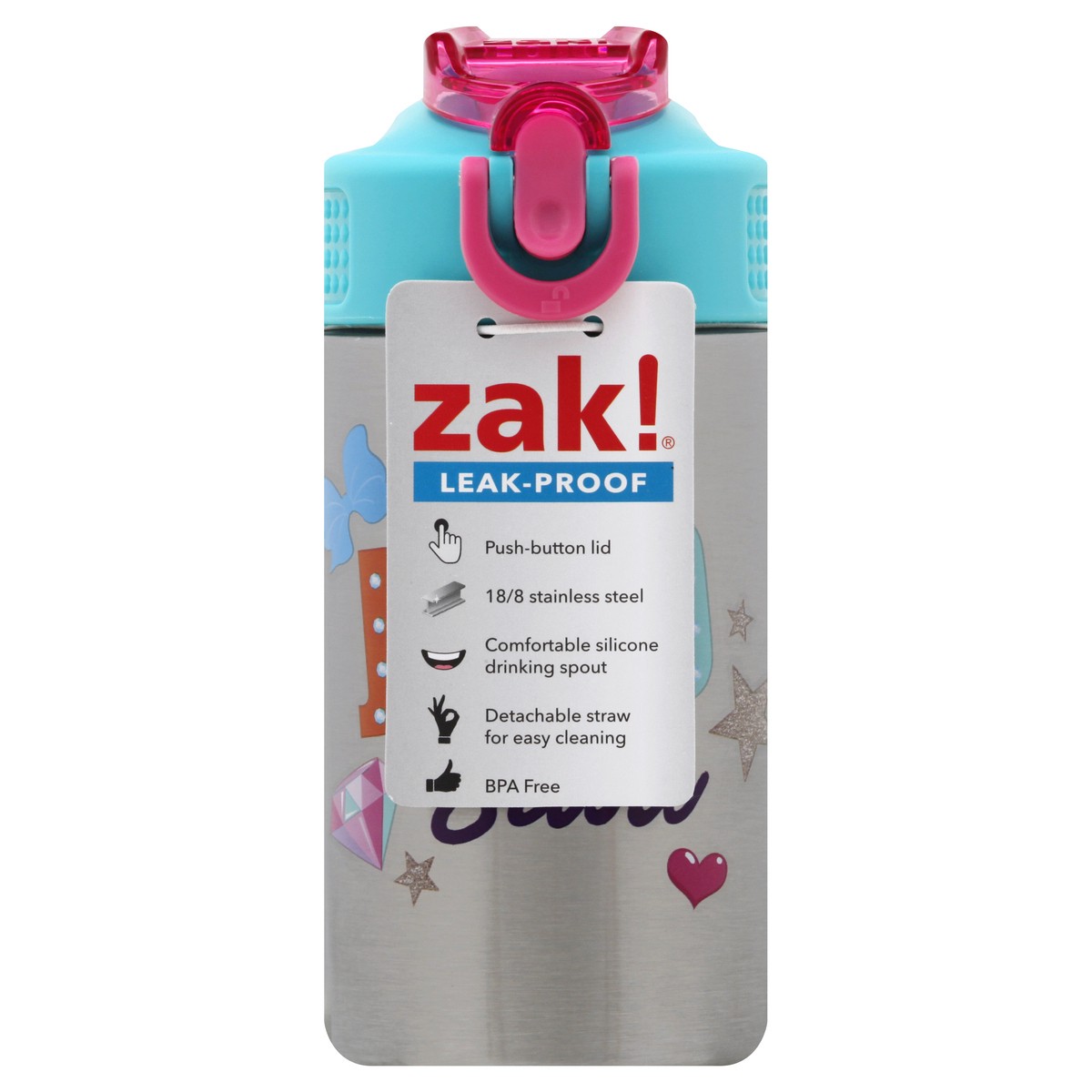 Zak Designs 15.5 oz Kids Water Bottle Stainless Steel with Push