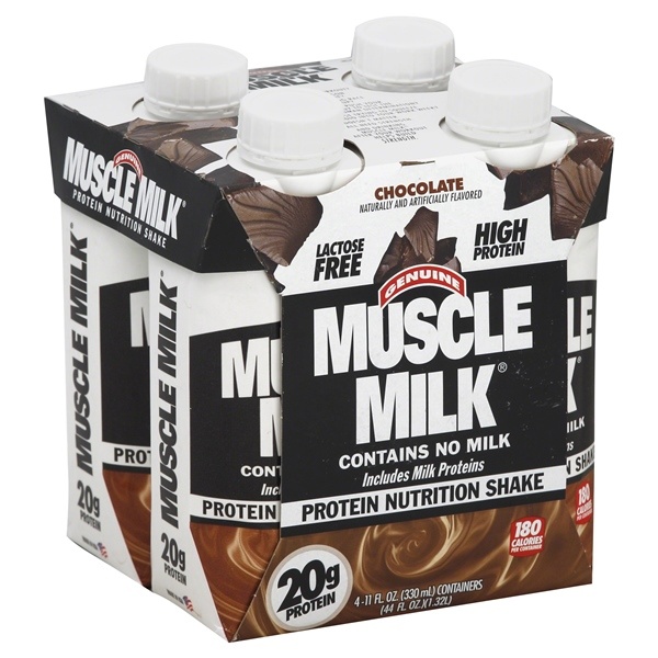 slide 1 of 1, Muscle Milk Lactose Free Genuine Chocolate Protein Nutrition Shake, 4 ct; 11 oz