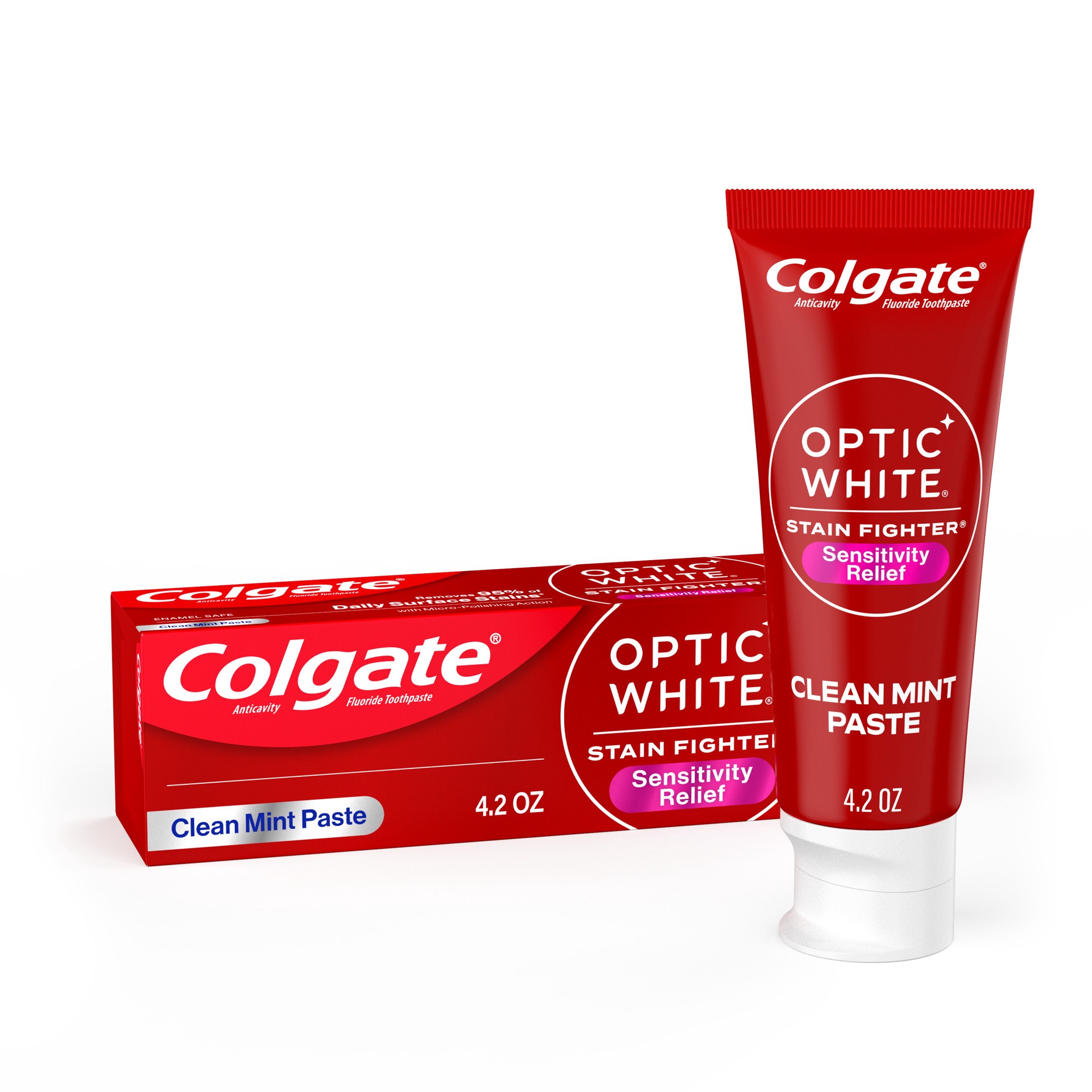 slide 1 of 7, Colgate Optic White Stain Fighter Sensitivity Relief Whitening Toothpaste, Clean Mint Paste, 4.2 oz