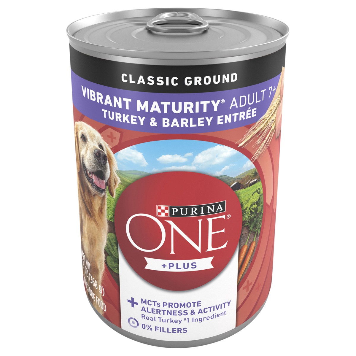 slide 1 of 8, Purina ONE Plus Classic Ground Vibrant Maturity Adult 7 Plus Turkey And Barley Entree Senior Dog Food - 13 oz. Can, 13 oz