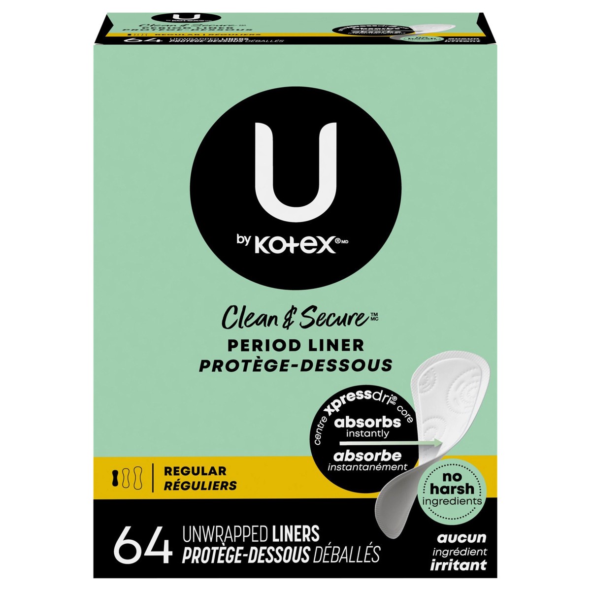 slide 1 of 12, U by Kotex Clean & Secure Panty Liners, Light Absorbency, Regular Length, 64 Count, 64 ct