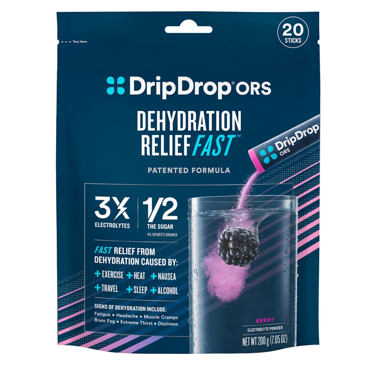 slide 1 of 1, Drip Drop DripDrop ORS Electrolyte Powder for Fast Dehydration Relief - Berry - 20 ct, 20 ct