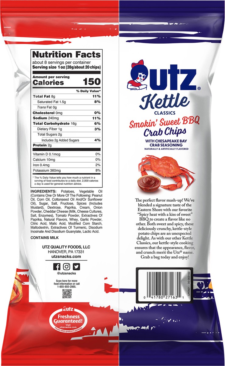 slide 2 of 7, Utz 7.5 oz Utz Kettle Classics Smokin' Sweet & Crab Potato Chips, 7.5 oz