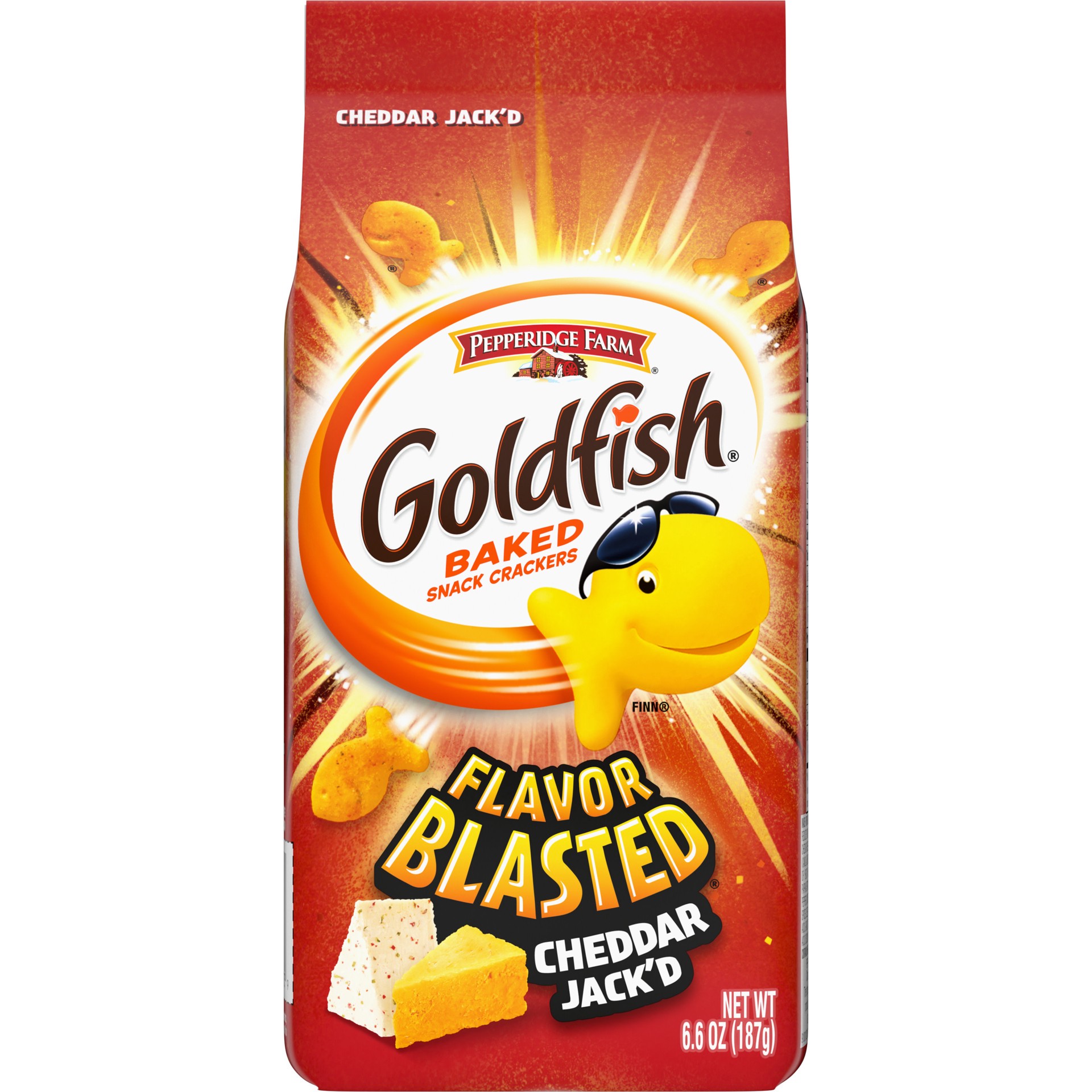 slide 1 of 9, Pepperidge Farm Goldfish Flavor Blasted Cheddar Jack'd Crackers, Snack Crackers, 6.6 oz bag, 6.6 oz